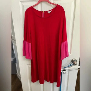 Crown And Ivy Plus Size XXL Midi Dress Pink And Red 2X Sheath W/ Bell Sleeve